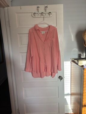 American Eagle  Coral Striped Oversized Cotton Blend Button-Up Beach Shirt